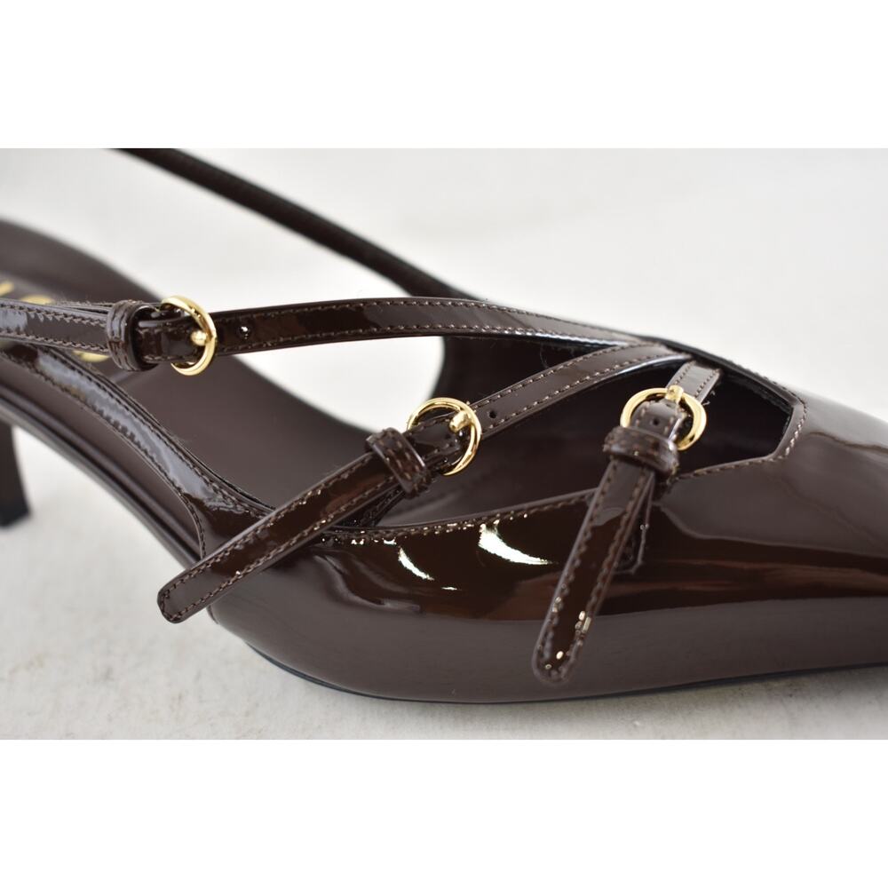 Miu Miu 55 Cacao Brown Patent Buckle Trio Pointed Slingback Kitten Heel Pump 38 - Picture 6 of 16
